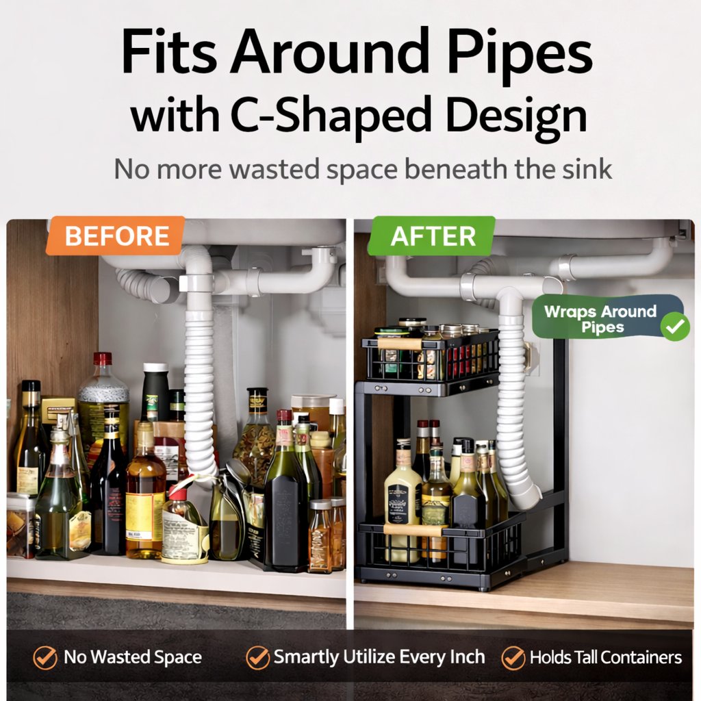 C-Shaped Under Sink Organizer with 2-Tier Sliding Drawers🚰
