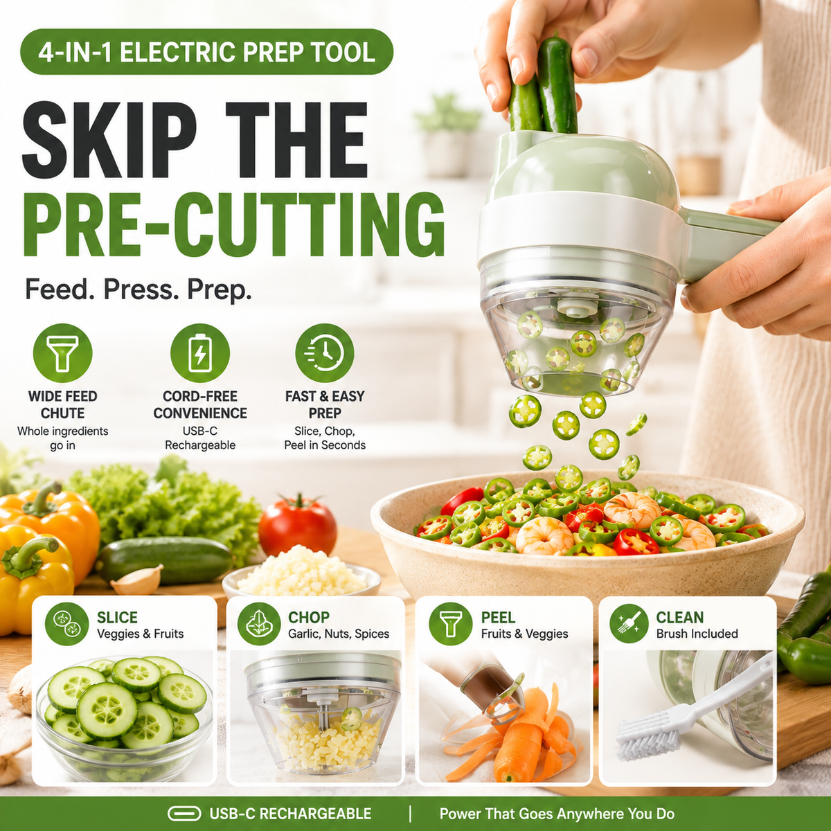 ⚡ 4-in-1 Electric Vegetable Chopper – Slice, Chop, Peel & Clean