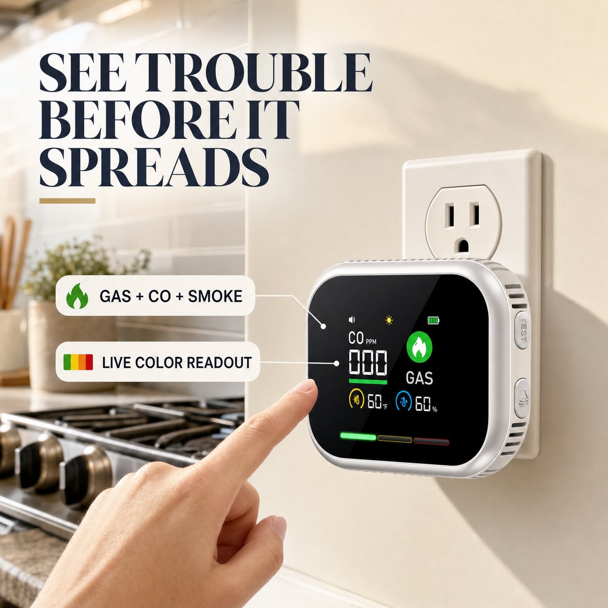 6-in-1 Plug-In Gas, CO & Smoke Safety Monitor