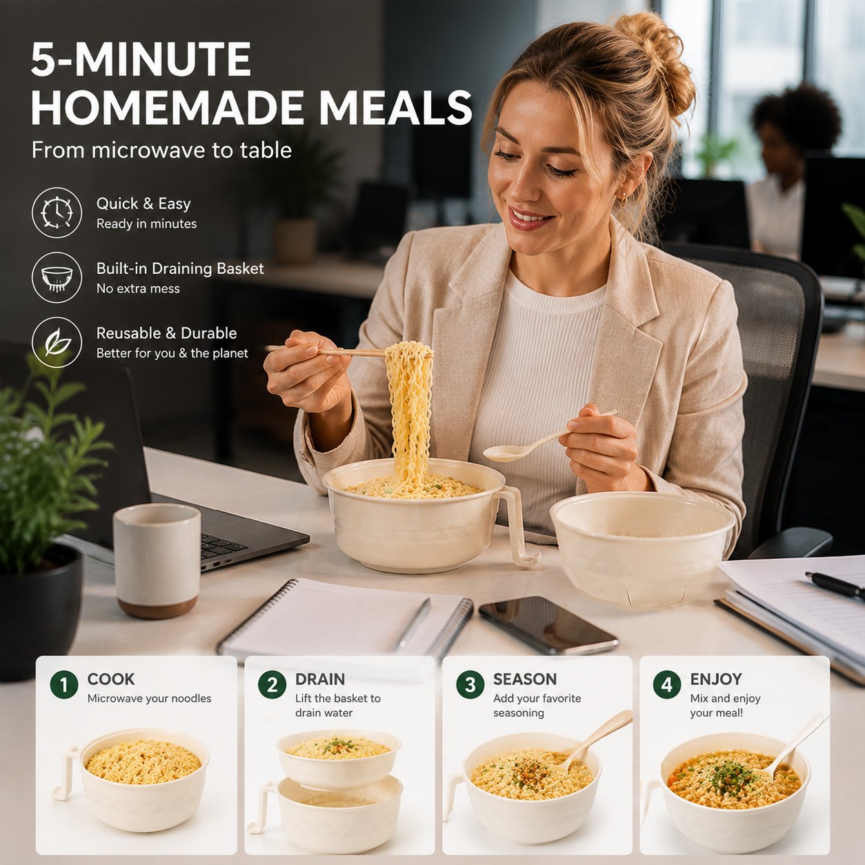 🍜 Microwave Ramen Bowl Set with Drain Basket