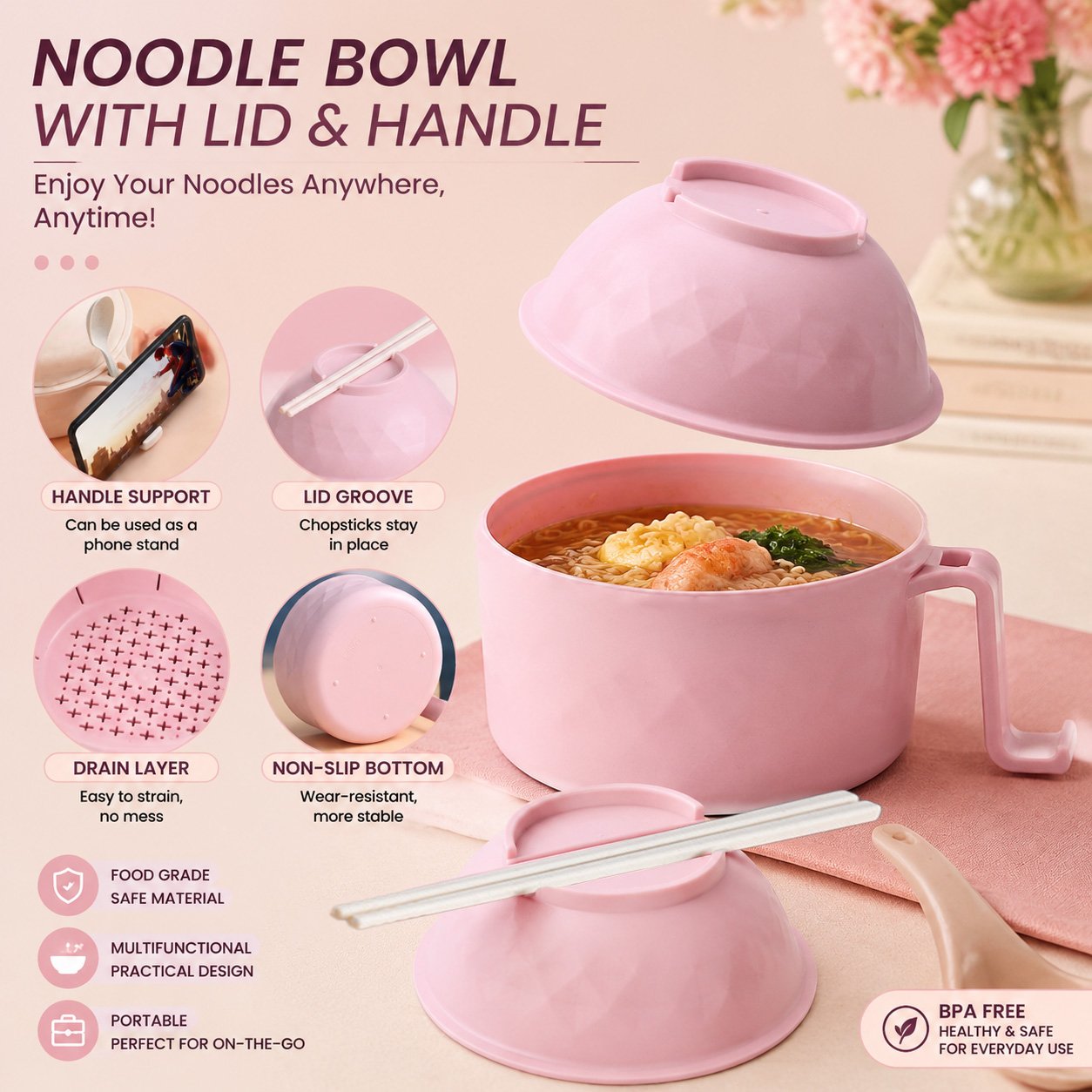 🍜 Microwave Ramen Bowl Set with Drain Basket