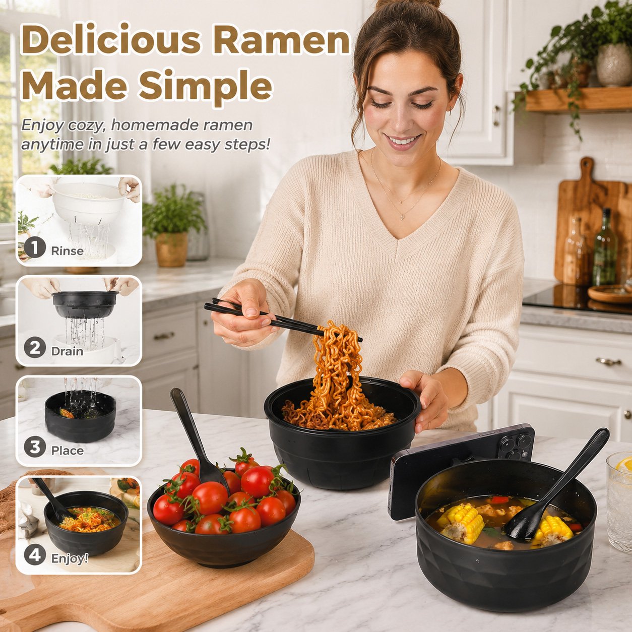 🍜 Microwave Ramen Bowl Set with Drain Basket
