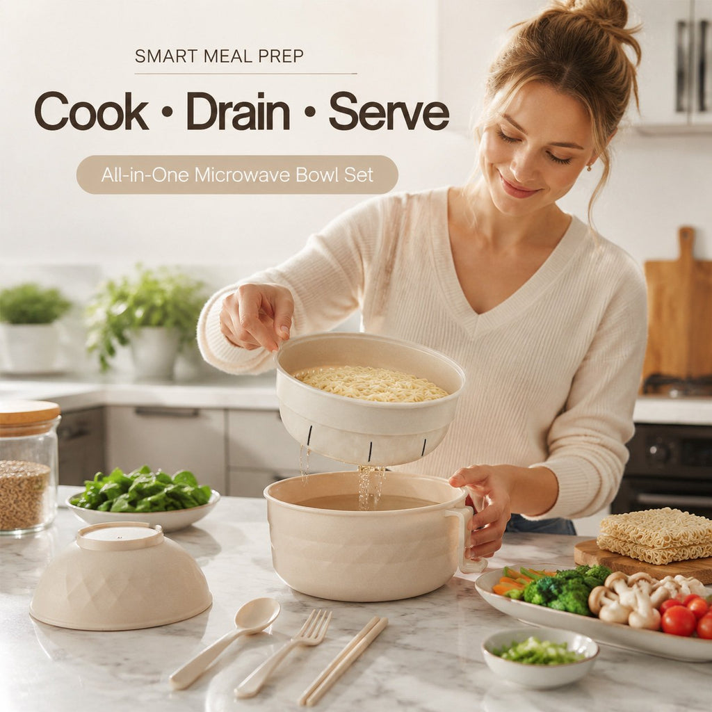 🍜 Microwave Ramen Bowl Set with Drain Basket