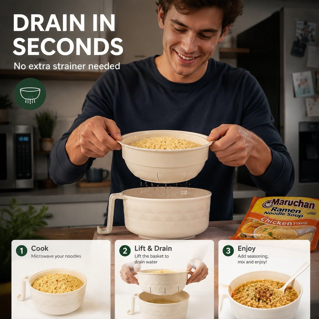 🍜 Microwave Ramen Bowl Set with Drain Basket