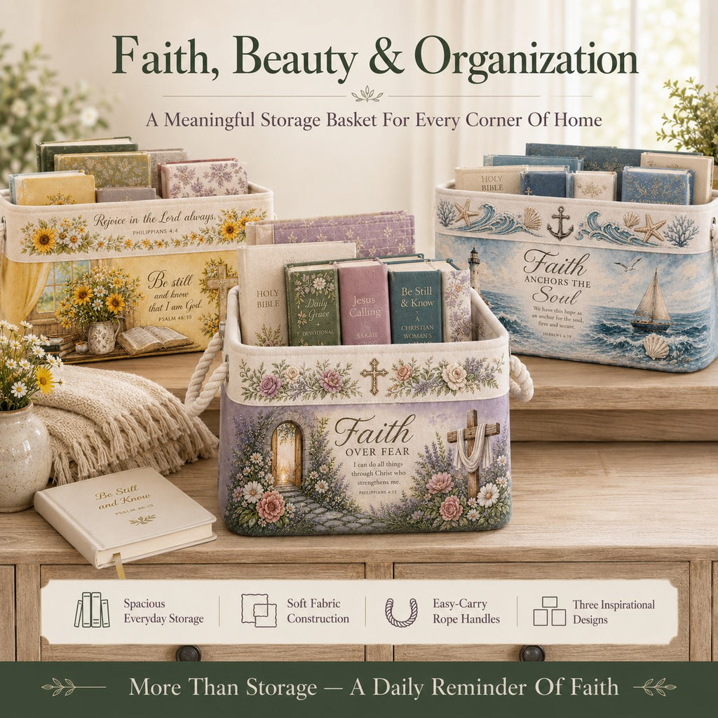 ✝️ Christian Faith Inspirational Storage Basket | Spacious Foldable Fabric Organizer with Rope Handles & 3 Scripture Designs 🌿✨