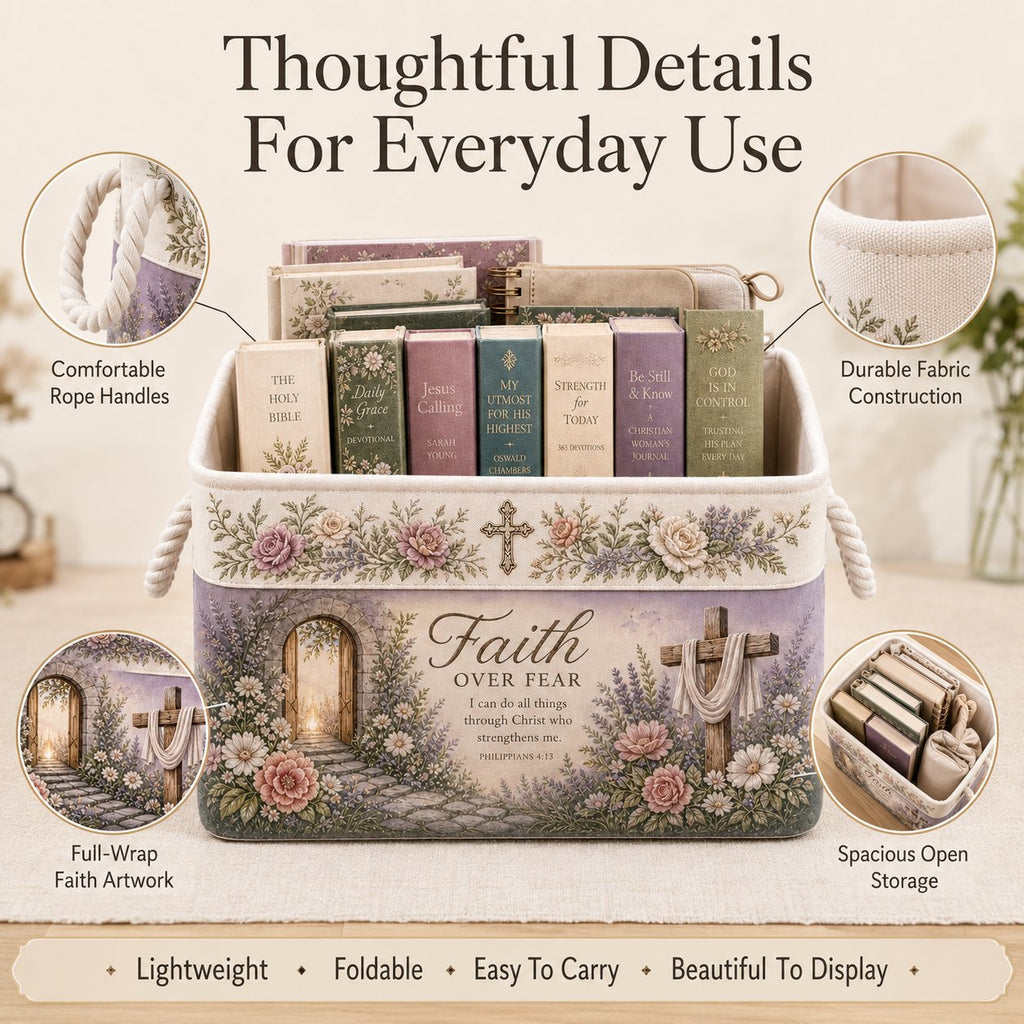 ✝️ Christian Faith Inspirational Storage Basket | Spacious Foldable Fabric Organizer with Rope Handles & 3 Scripture Designs 🌿✨