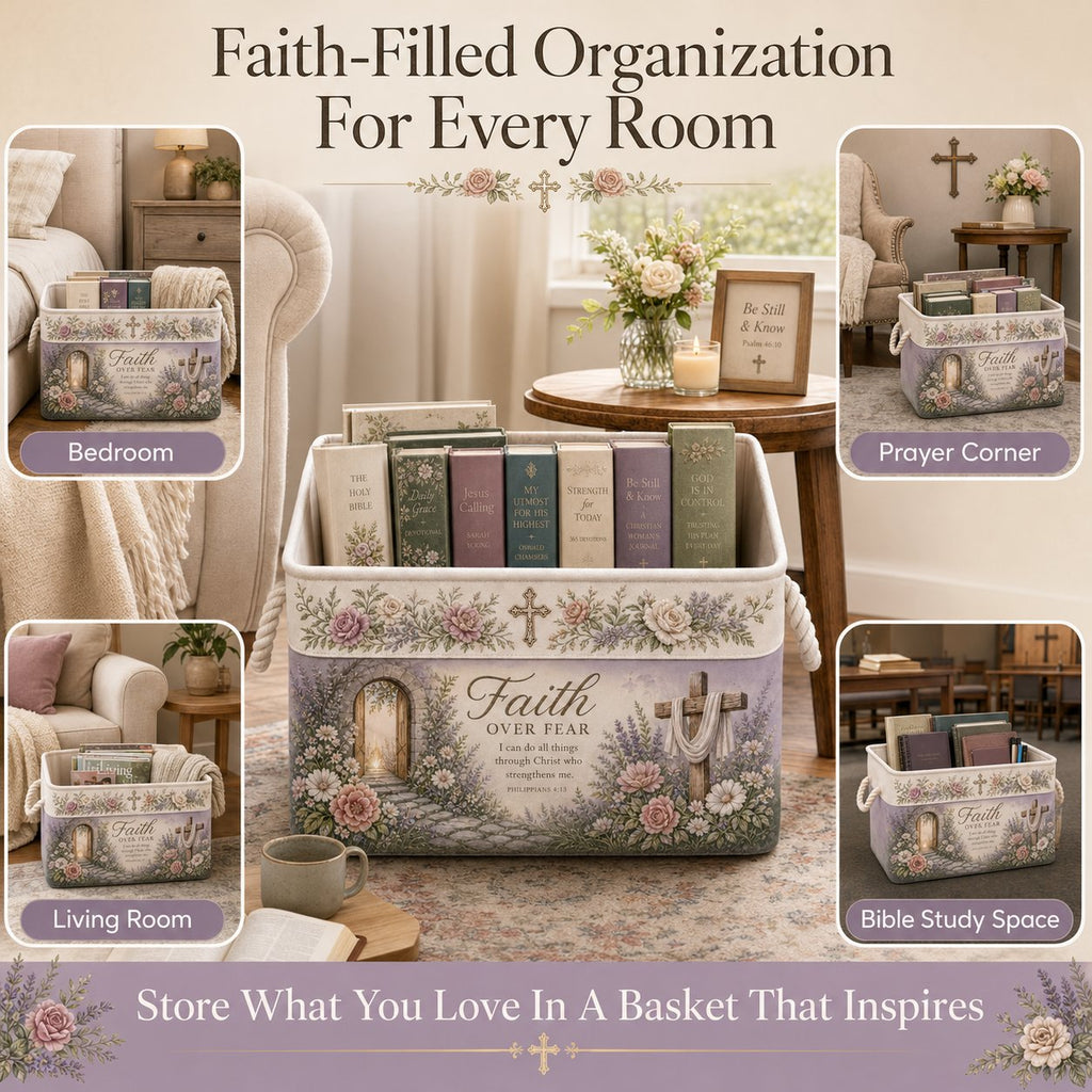 ✝️ Christian Faith Inspirational Storage Basket | Spacious Foldable Fabric Organizer with Rope Handles & 3 Scripture Designs 🌿✨
