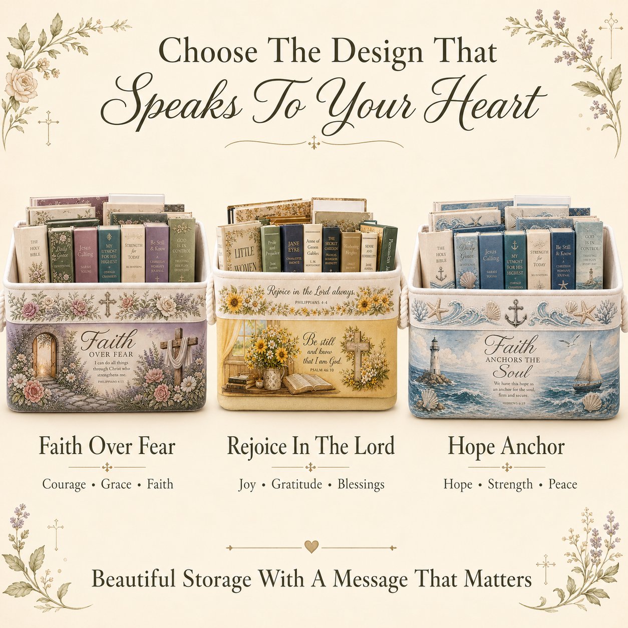 ✝️ Christian Faith Inspirational Storage Basket | Spacious Foldable Fabric Organizer with Rope Handles & 3 Scripture Designs 🌿✨