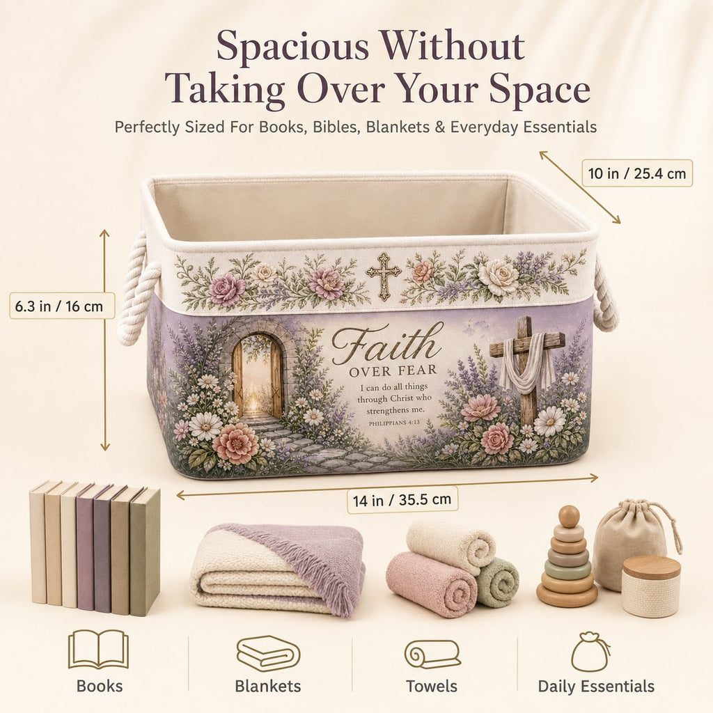 ✝️ Christian Faith Inspirational Storage Basket | Spacious Foldable Fabric Organizer with Rope Handles & 3 Scripture Designs 🌿✨