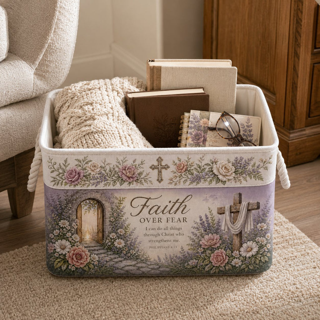 ✝️ Christian Faith Inspirational Storage Basket | Spacious Foldable Fabric Organizer with Rope Handles & 3 Scripture Designs 🌿✨