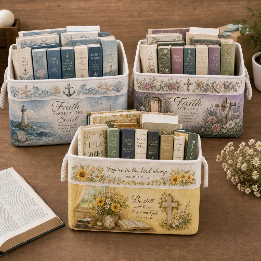 ✝️ Christian Faith Inspirational Storage Basket | Spacious Foldable Fabric Organizer with Rope Handles & 3 Scripture Designs 🌿✨