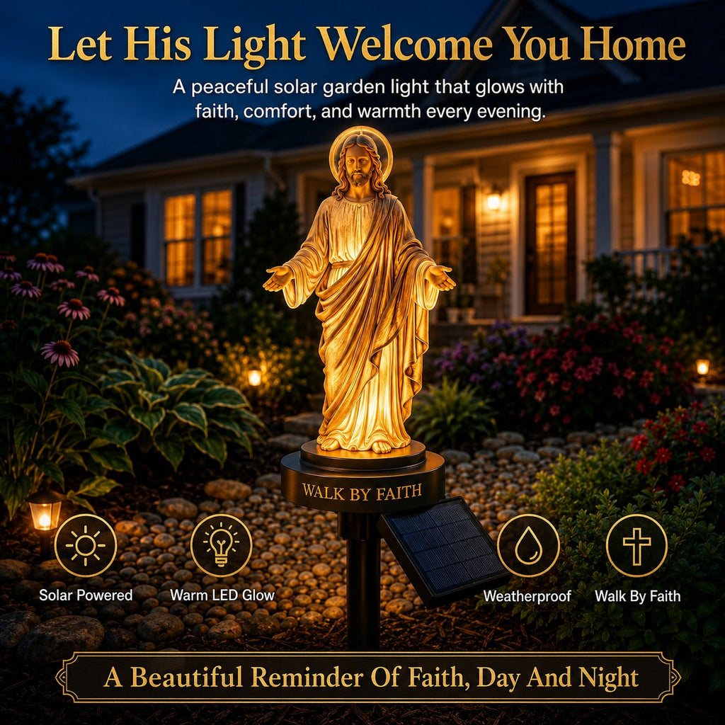 ✝️ Walk by Faith Solar Jesus Garden Light | Automatic Warm Halo Glow, Weather-Resistant Ground Stake & No-Wiring Outdoor Faith Decor ✨