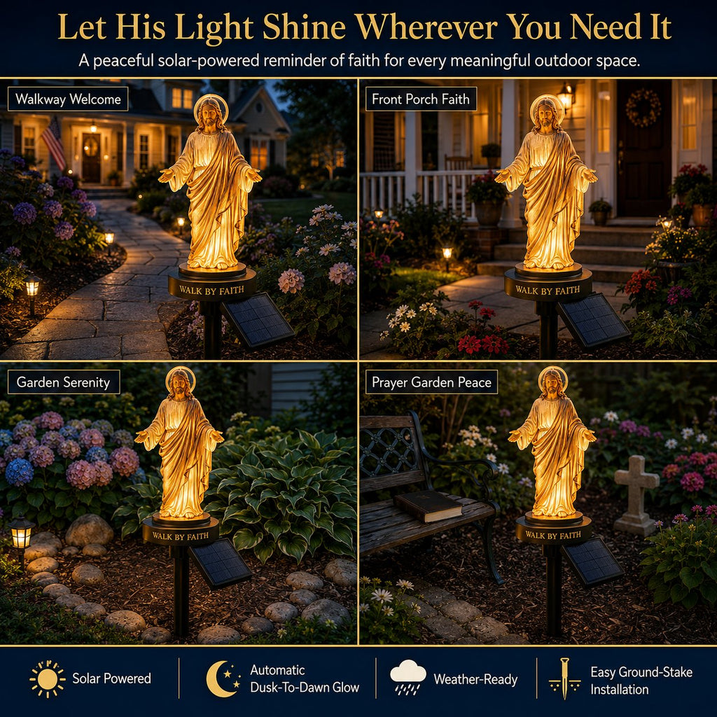 ✝️ Walk by Faith Solar Jesus Garden Light | Automatic Warm Halo Glow, Weather-Resistant Ground Stake & No-Wiring Outdoor Faith Decor ✨