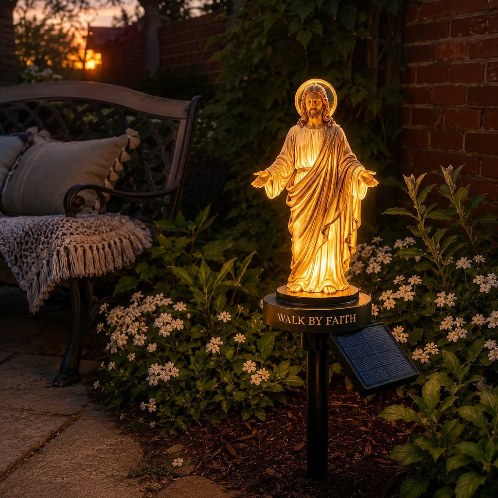 ✝️ Walk by Faith Solar Jesus Garden Light | Automatic Warm Halo Glow, Weather-Resistant Ground Stake & No-Wiring Outdoor Faith Decor ✨