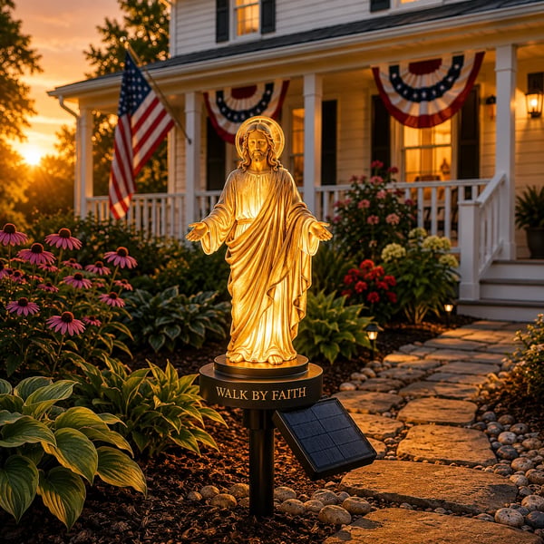 ✝️ Walk by Faith Solar Jesus Garden Light | Automatic Warm Halo Glow, Weather-Resistant Ground Stake & No-Wiring Outdoor Faith Decor ✨