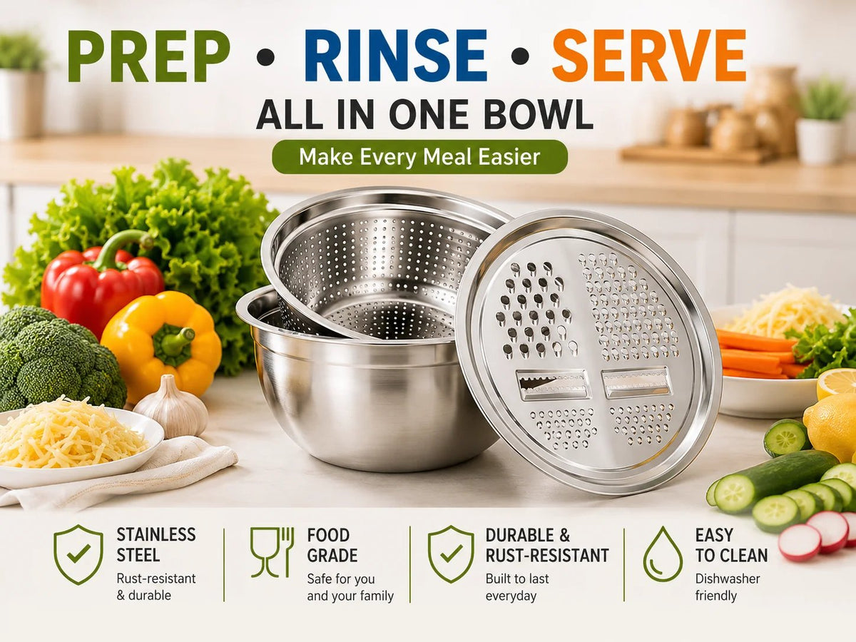 3-in-1 Stainless Steel Grater Bowl & Colander Set