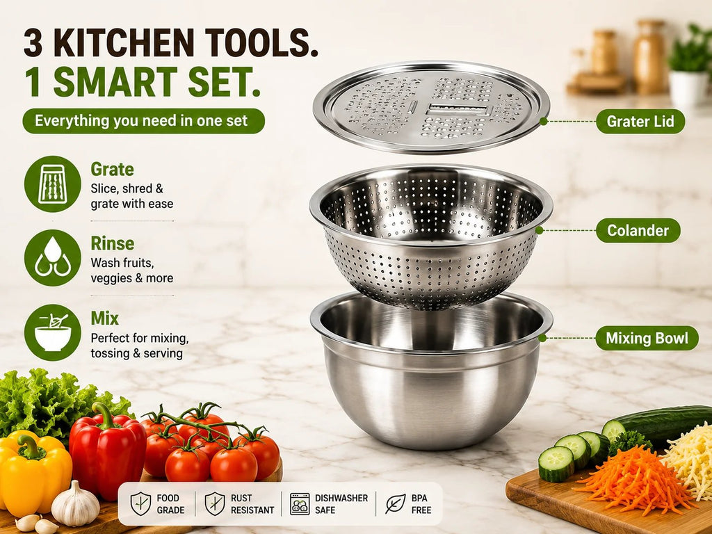 3-in-1 Stainless Steel Grater Bowl & Colander Set