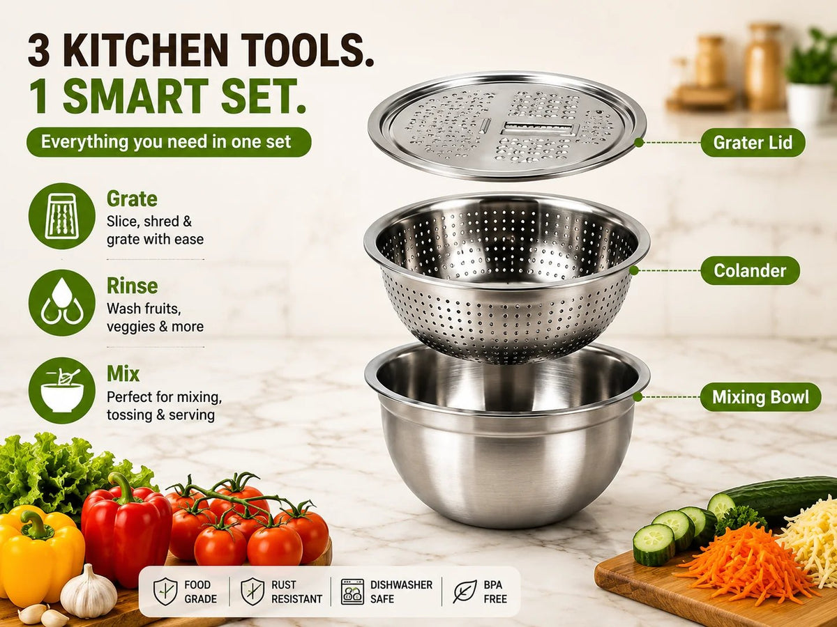 3-in-1 Stainless Steel Grater Bowl & Colander Set