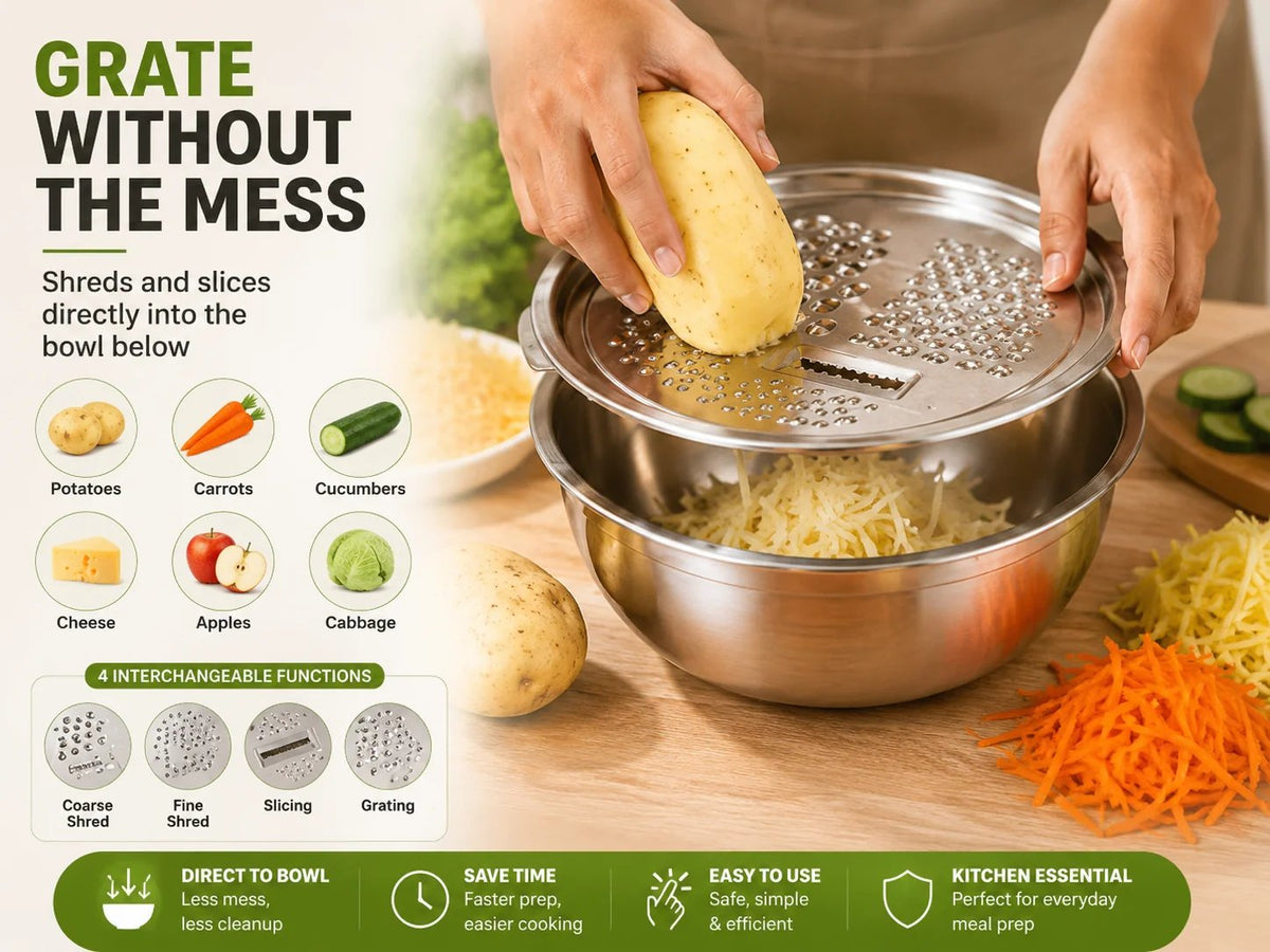 3-in-1 Stainless Steel Grater Bowl & Colander Set