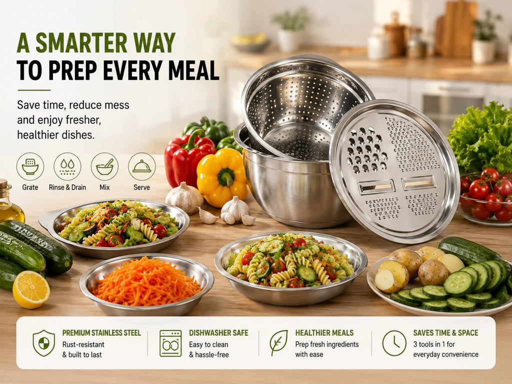 3-in-1 Stainless Steel Grater Bowl & Colander Set